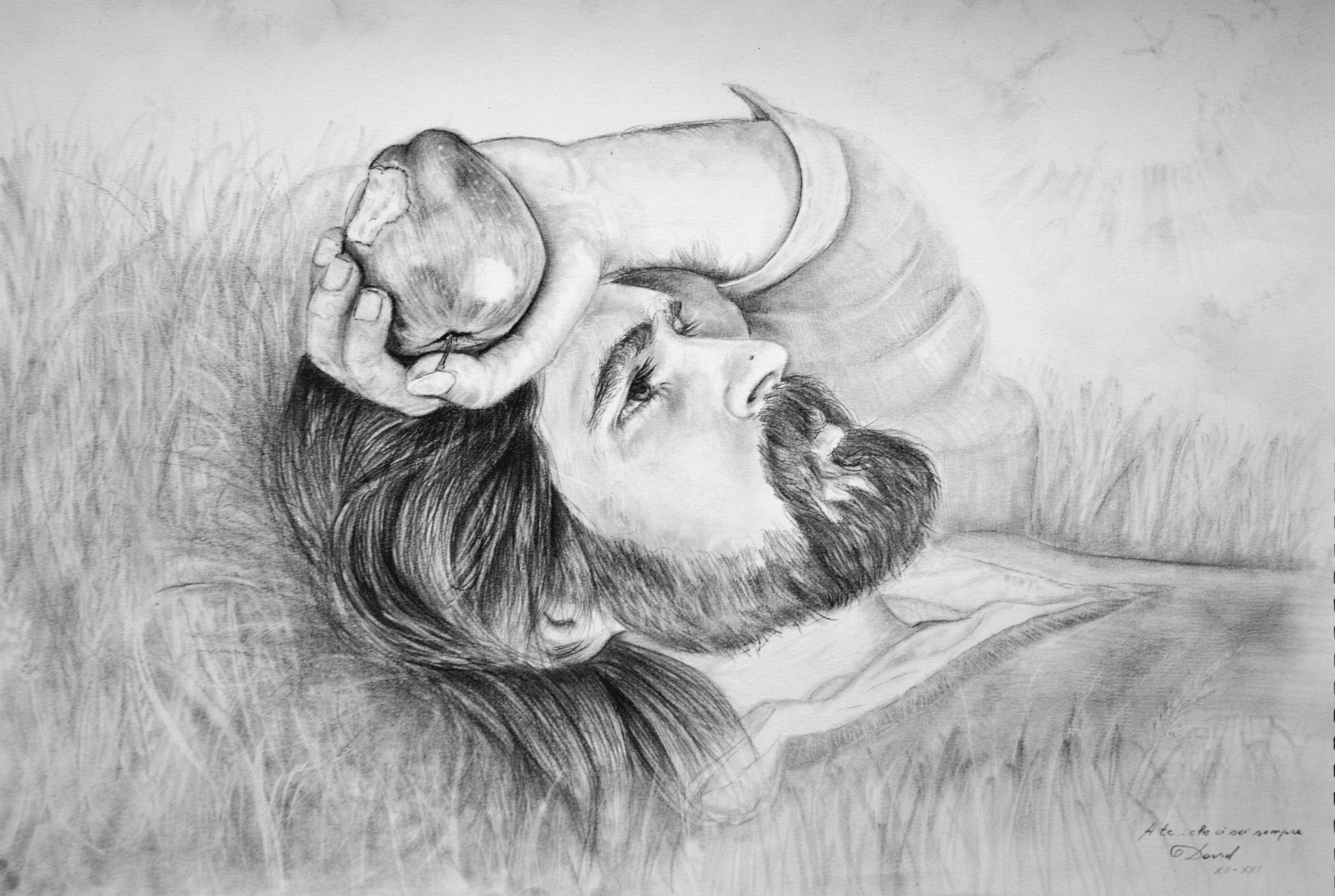 Ritratto simbolico con mela in grafite